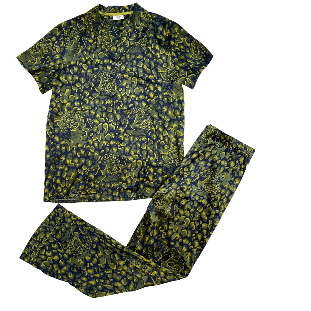 Chelsea Peers Pajama Set Womens Small Green Navy Leopard‎ Print 2pc Sleepwear